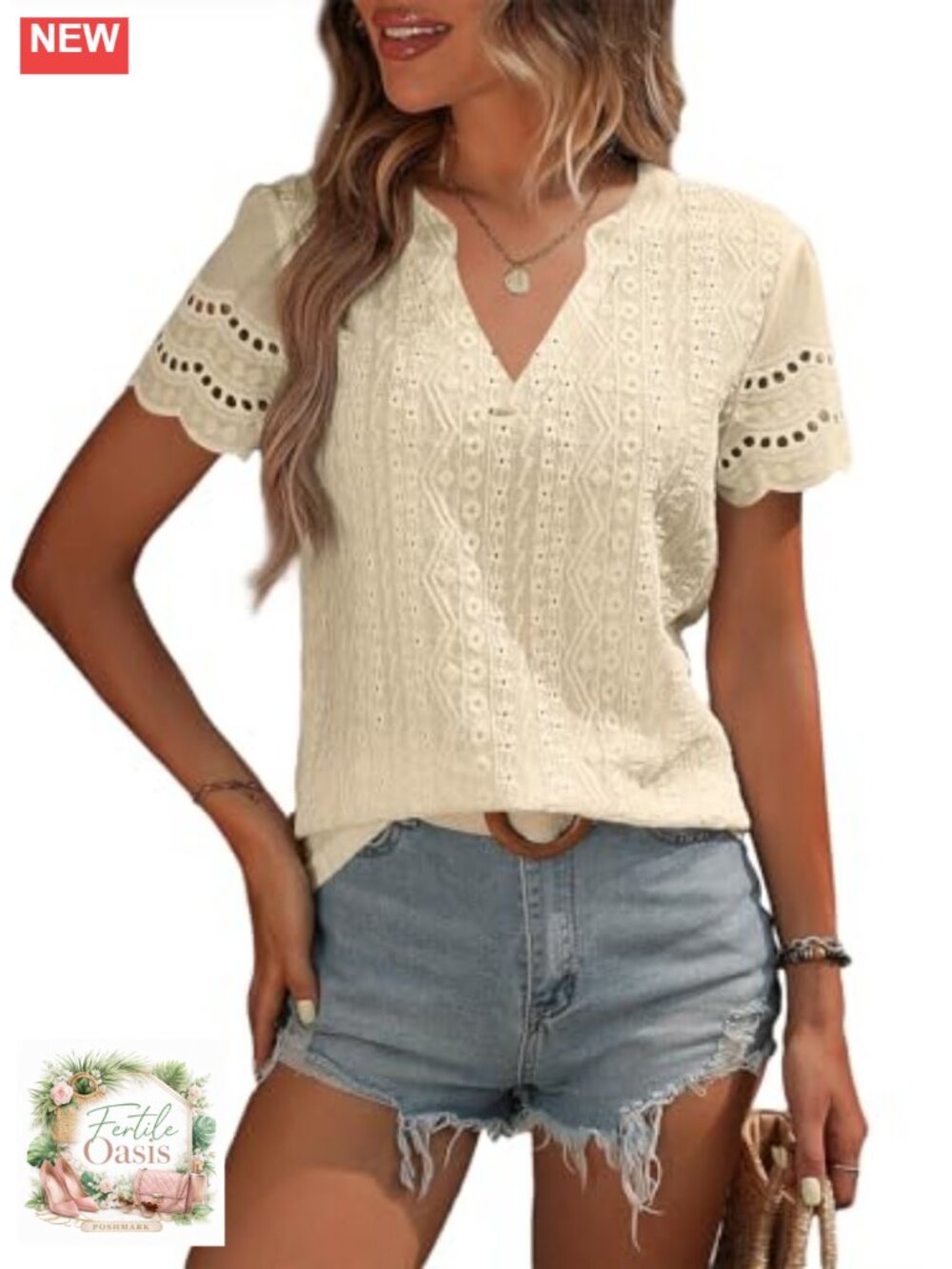 Women's Lace Eyelet V Neck Short Sleeve Blouse Boho Dressy Casual Summer Top